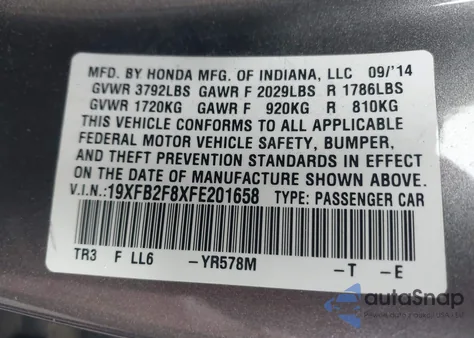 2015 Honda Civic Ex z USA, uszkodzony, nr VIN 19XFB2F8XFE201658
